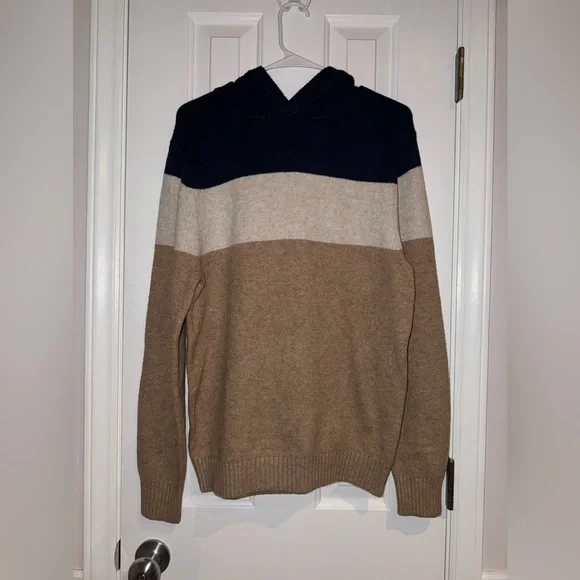 NEW Goodfellow Color-block Hoodie Sweater Blue, Cream & Tan Dapper Brown NWT - Picture 2 of 11
